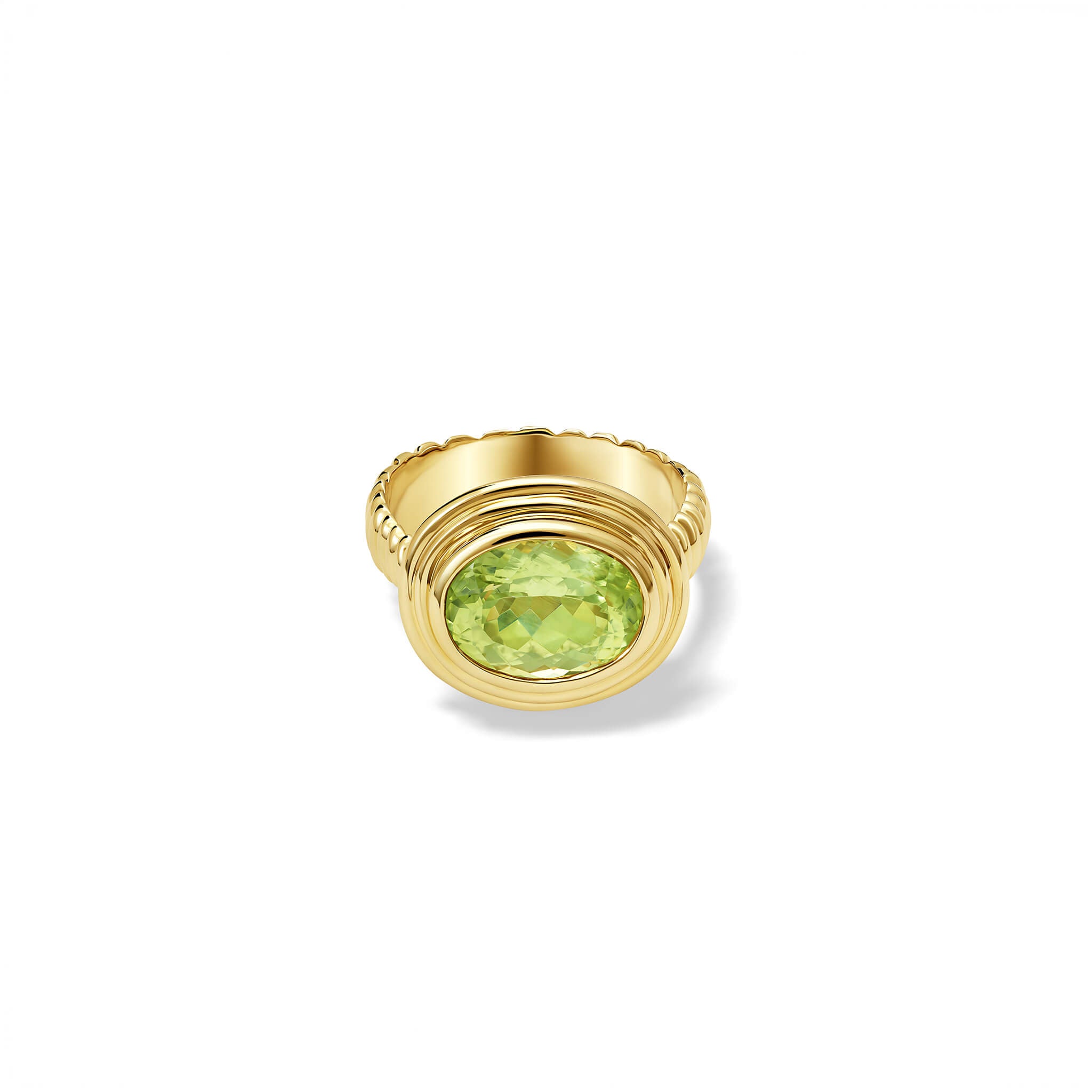 Handcrafted yellow gold ring featuring a prominent facetted cut lime yellow chrysoberyl