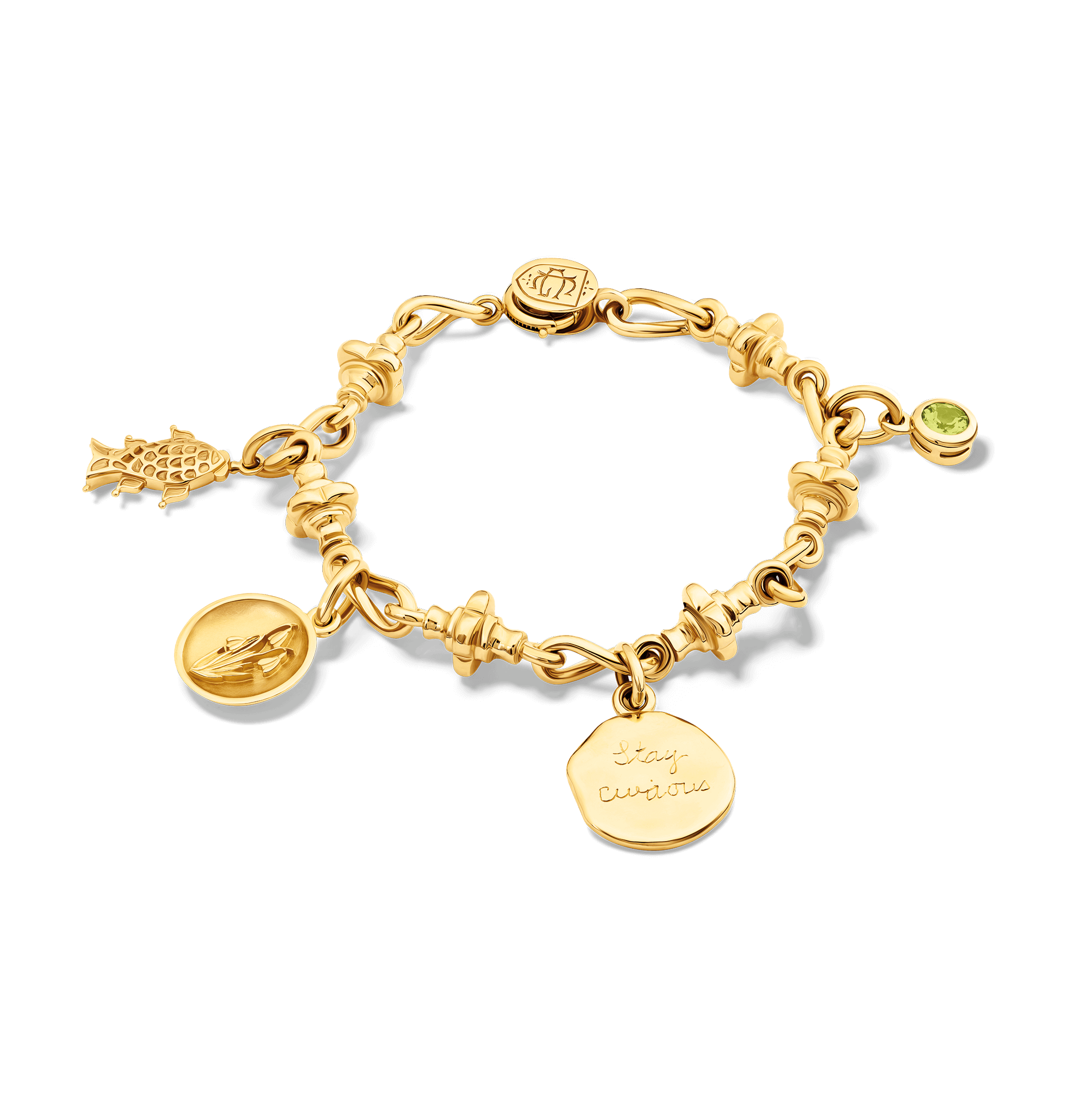 Handcrafted bespoke yellow gold bracelet with charms attached. 
