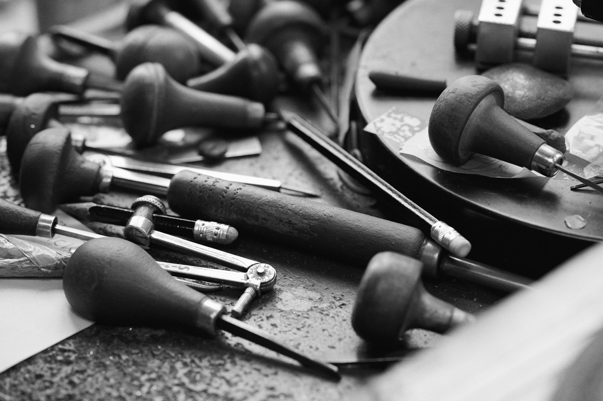 Workshop images of jewellery tools.
