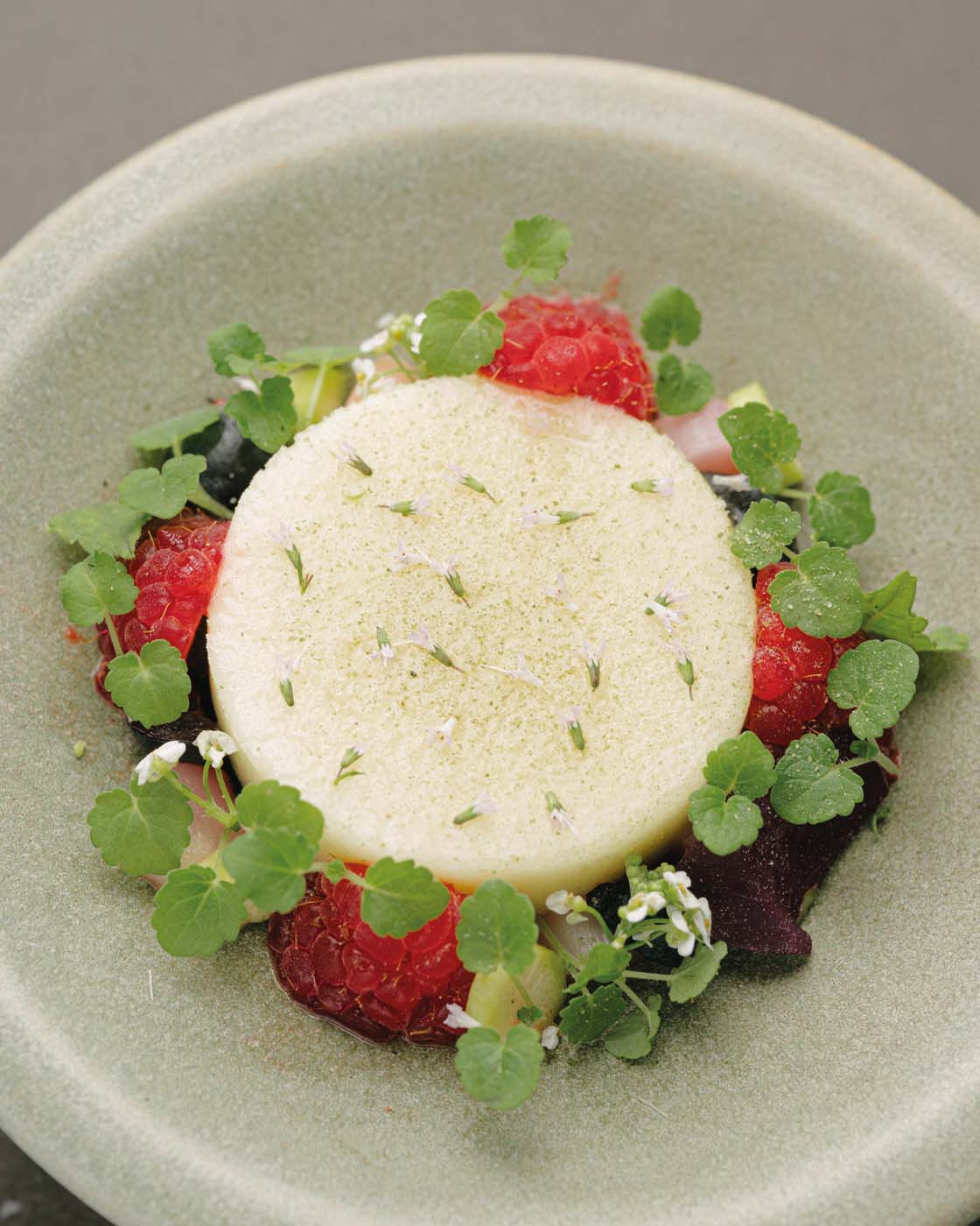 Soil Restaurant, Athens : intricate dish with raspberries, herbs et flowers.
