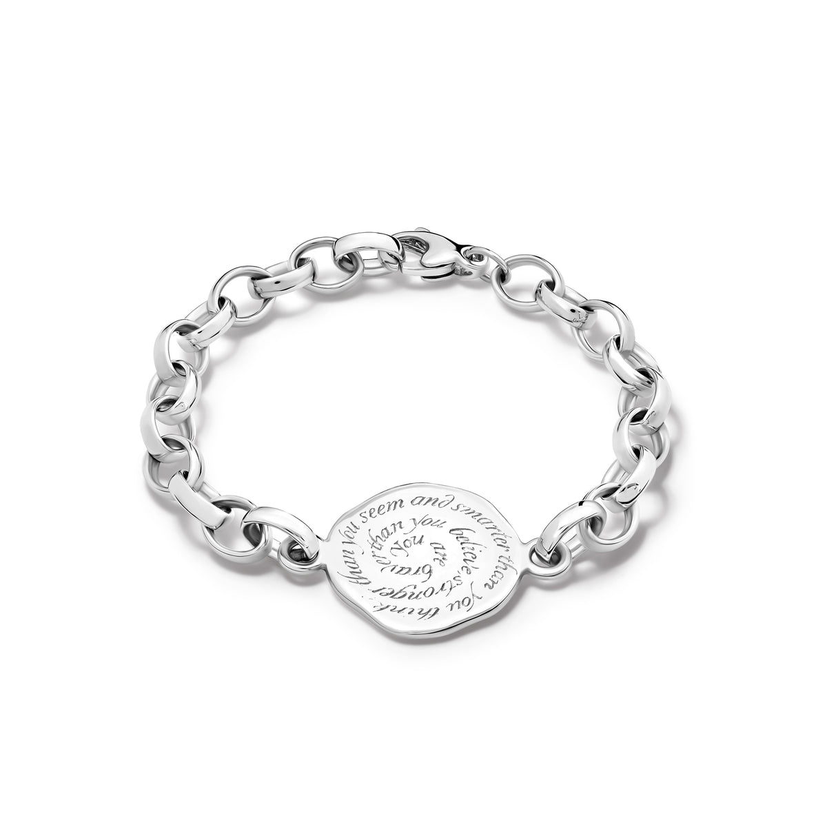 Handcrafted sterling silver link bracelet featuring a round silver pendant engraved with the quote, 'You are braver than you believe, stronger than you seem and smarter than you think.'
