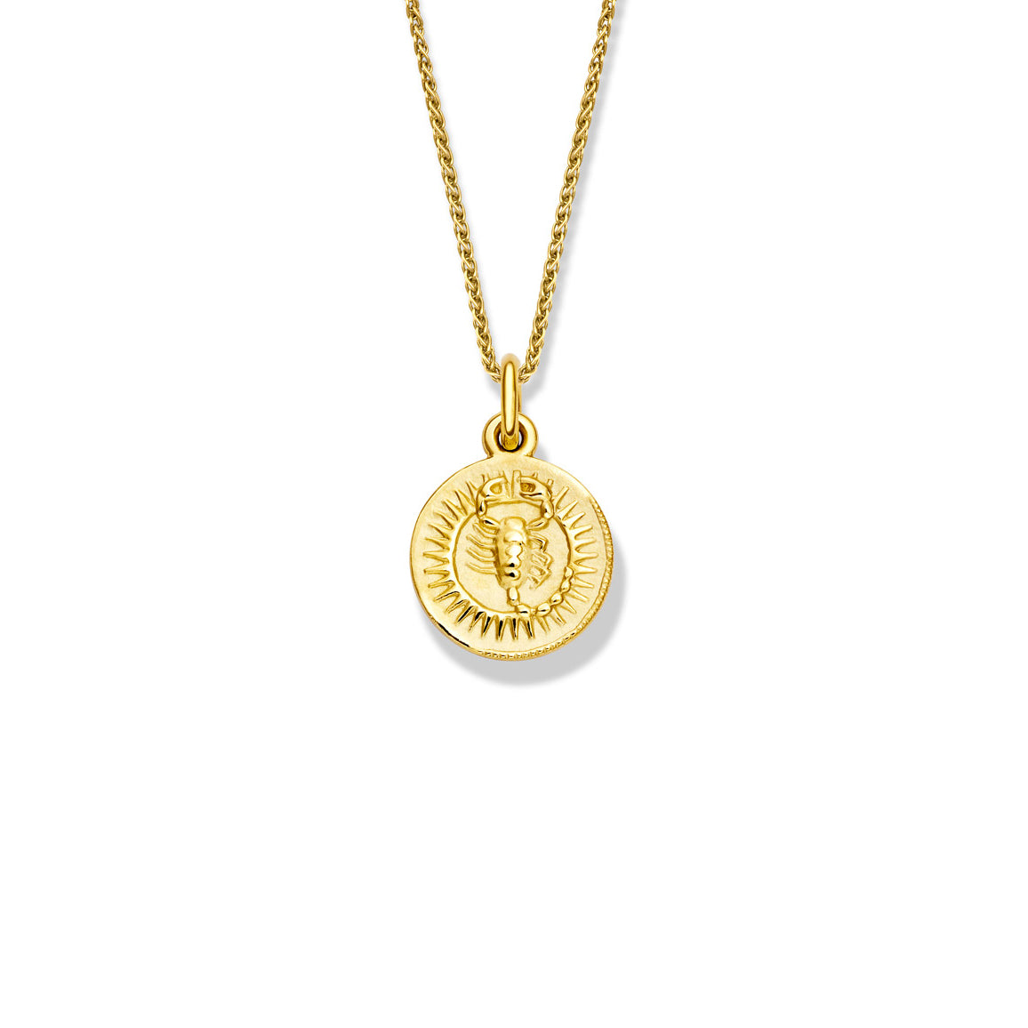 Handcrafted round 9ct yellow gold necklace pendant engraved with the zodiac scorpio.